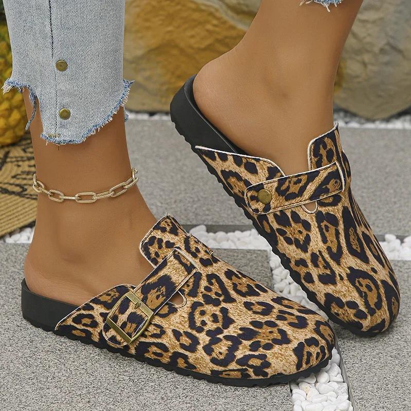 Fashion Leopard Print Mules Slippers Women 2025 Plus Size 35-42 Platform Clogs Shoes Woman Buckle Design Half Slippers Female