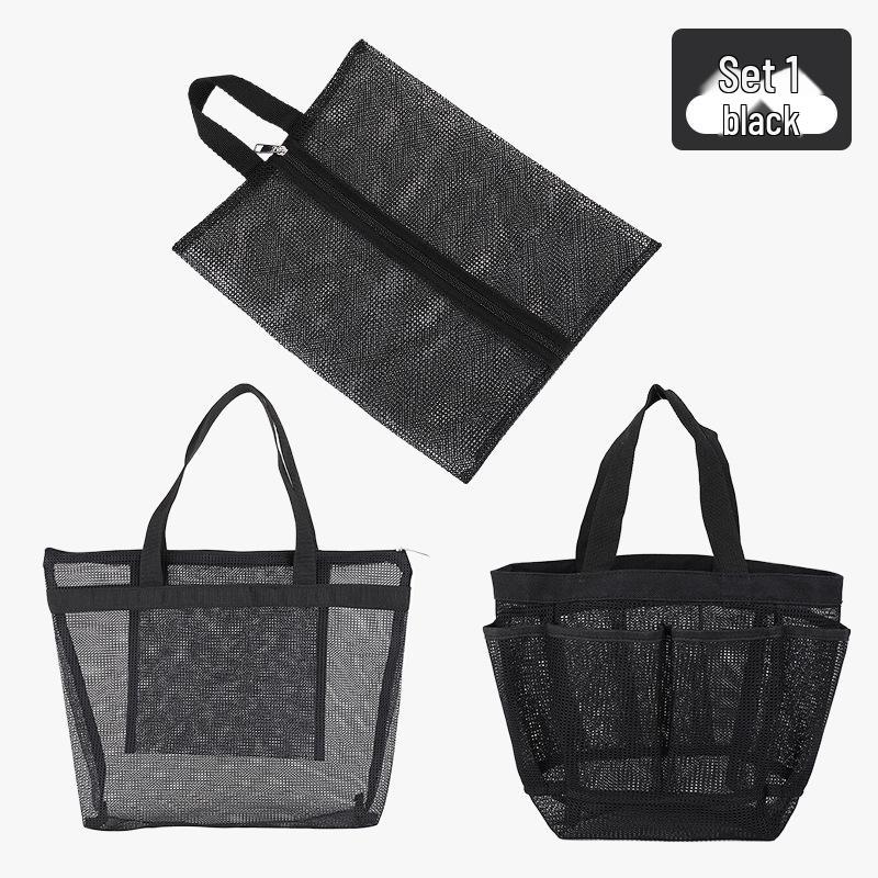 Sac de Plage Portable en Maille Multipoches Organisateur de Plage à Main en Polyester