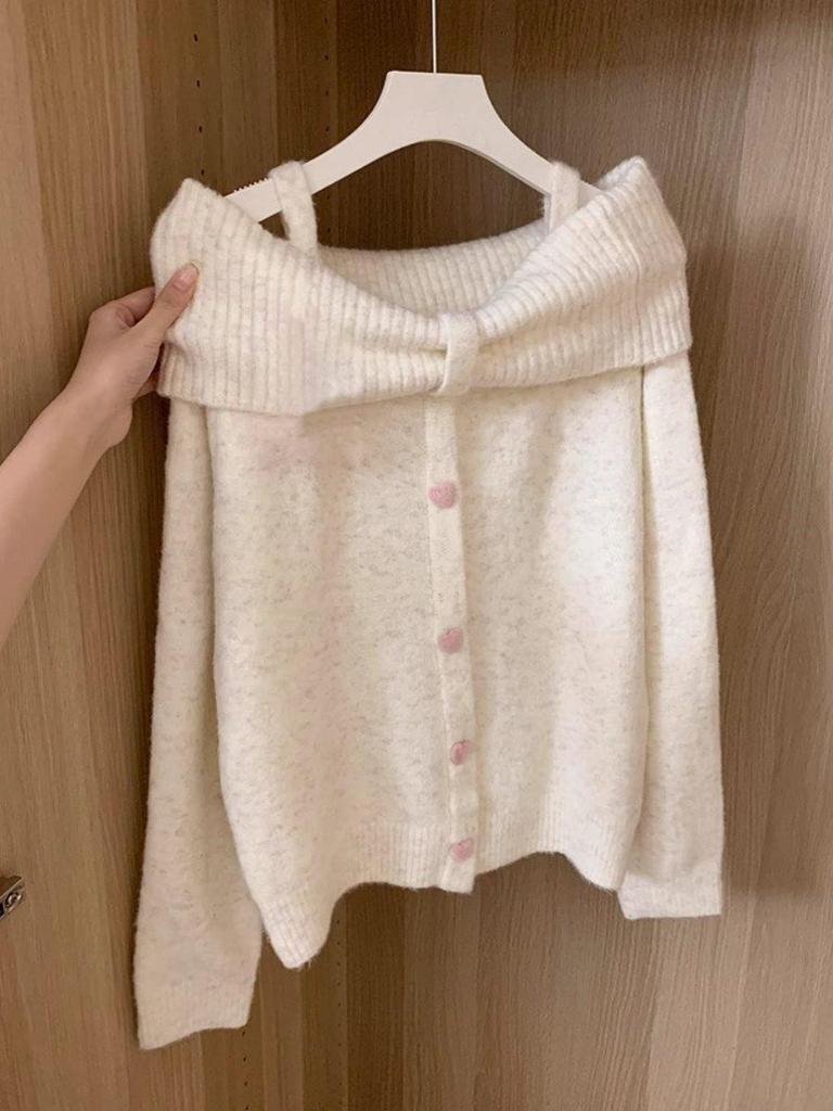 2025 Sweet Off-Shoulder Knit Sweater for Women - Korean Autumn/Winter Style