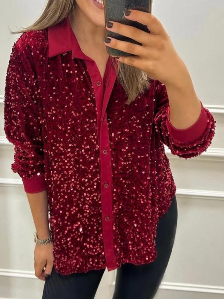 

Autumn and winter fashionable long sleeved loose casual sequined shirt S червоний