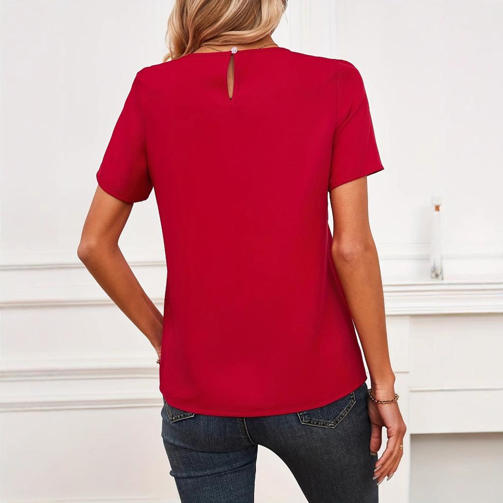 Women's Spring and Summer Women's Short Sleeve Top Romantic Lace Splicing Crew Neck Holiday Shirt