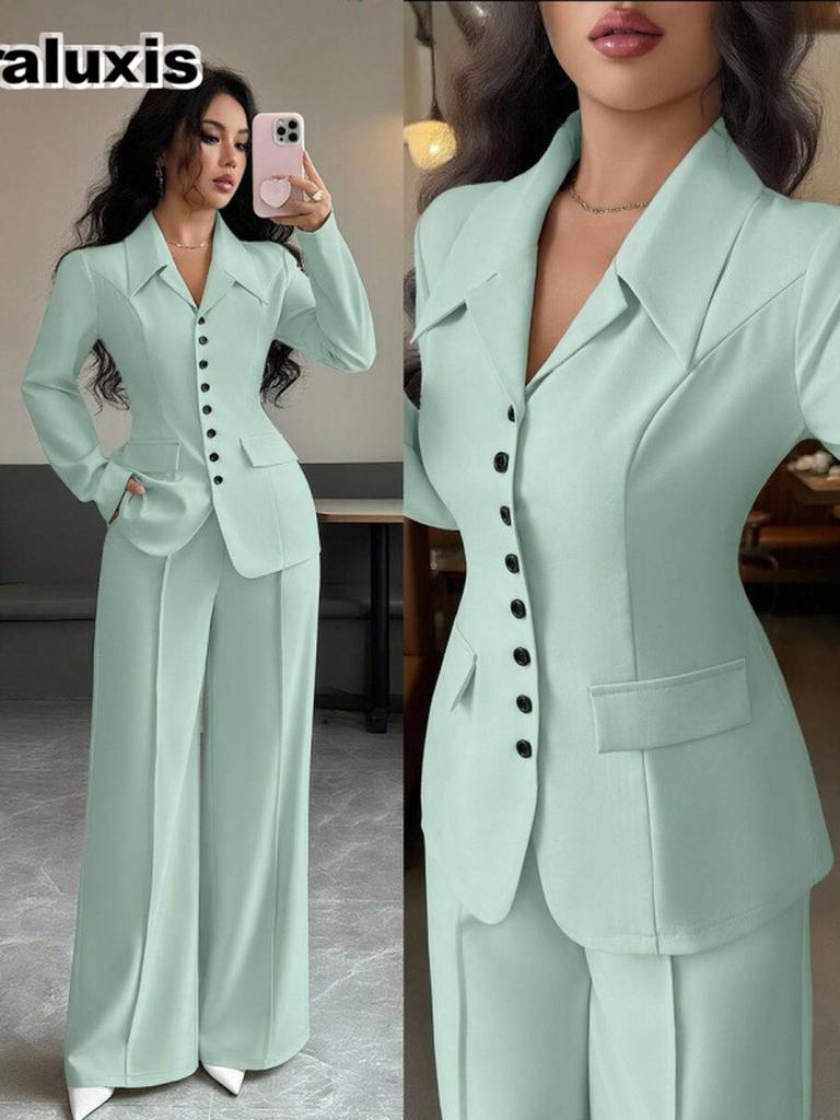 Autunno Elegante Collo Alto Manica Lunga Vestibilità Larga Gamba Dritta Pantaloni Set Due Pezzi Donna