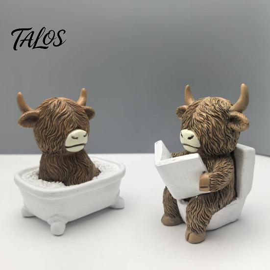 Decorative Cow Statue Highland Bathroom Figurine Funny Scottish Cattle Sitting on Toilet Resin Calf Bedroom Animal Ornament Bathing Sculpture for Home