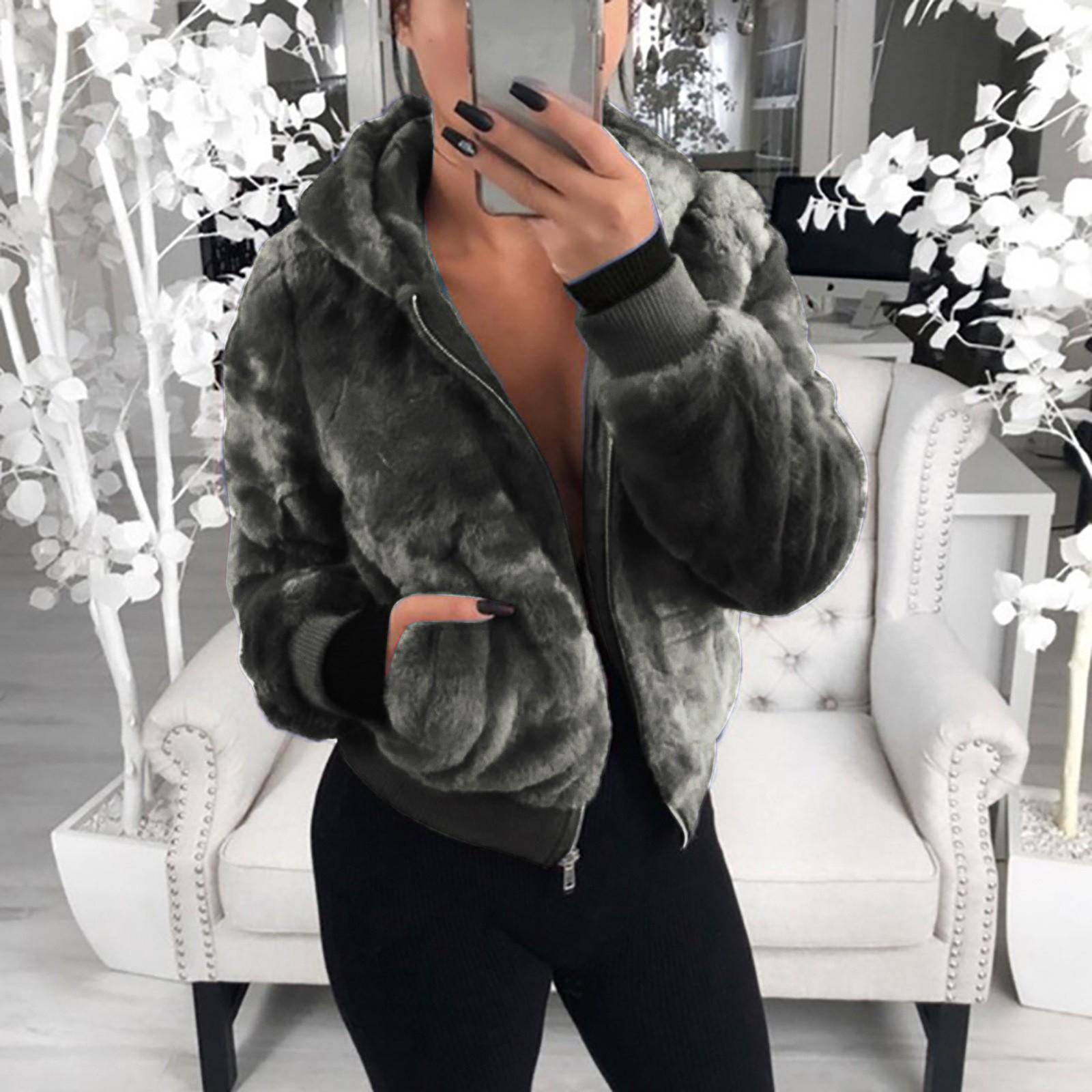 

Женская Мода Повседневный Худи На Молнии Карманы Однотонный С Длинным Рукавом Плюшевое Пальто L