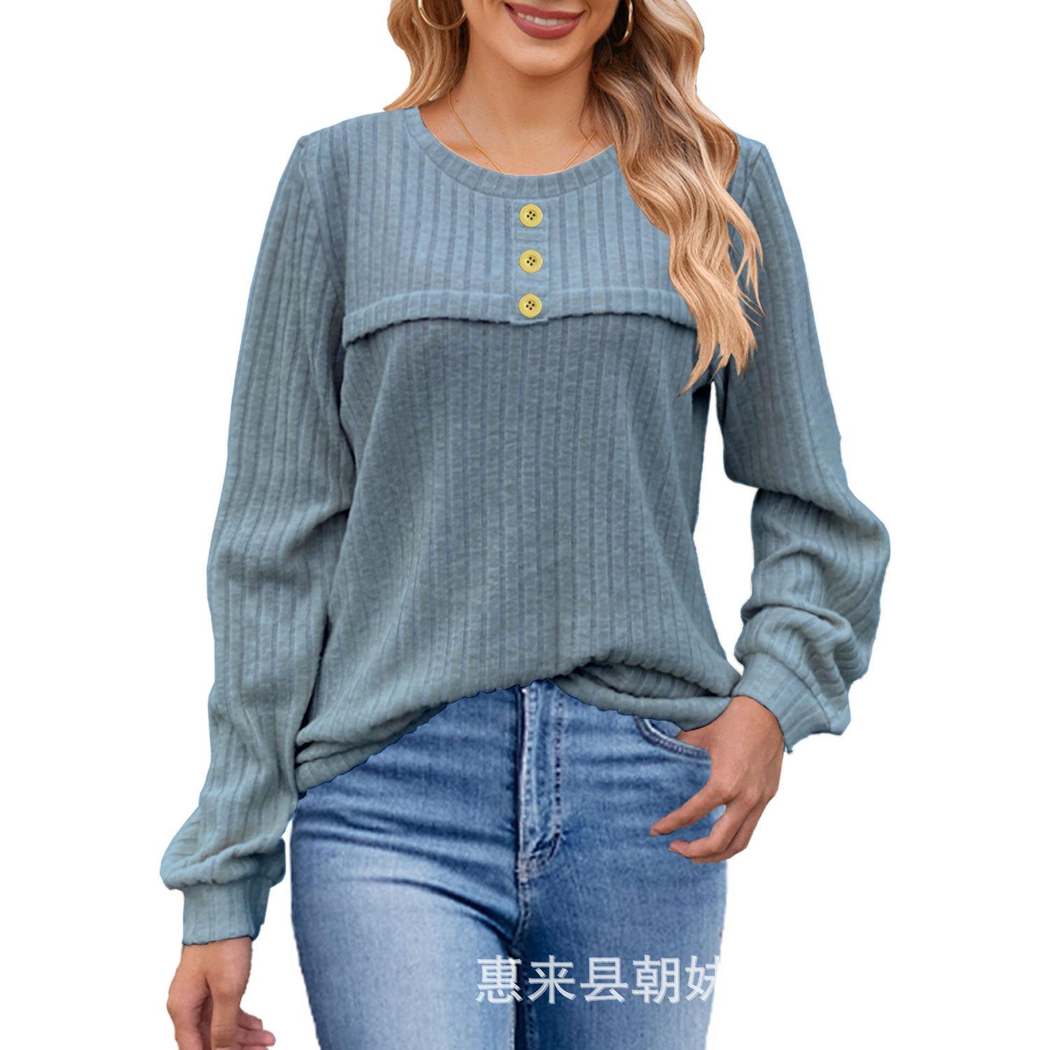 

HNXC Autumn and Winter Frosted Pit Stripe Button Long-sleeved T-shirt Casual Knitted Women s Top Sweaters S синий