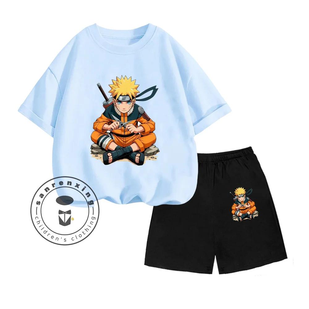 Unique NARUTO Animated Cartoon Character Vertical Print Design O-neck Skin-friendly Short Sleeve and Shorts Kids Two-piece Set