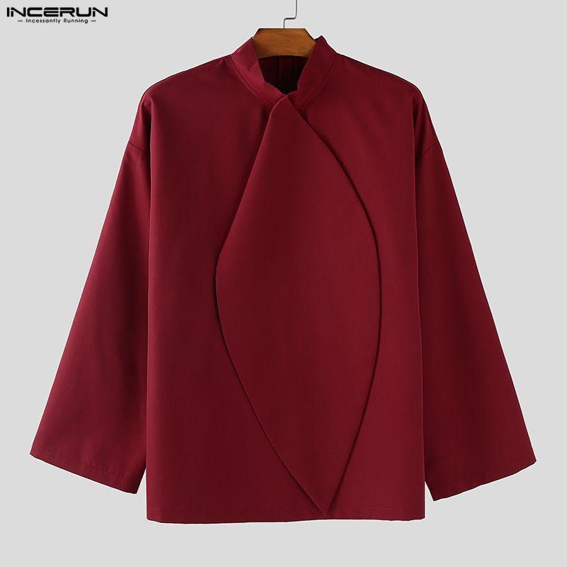 INCERUN Oversized Men Stand Neck Tie Up Long Sleeve Casual Loose Shirts