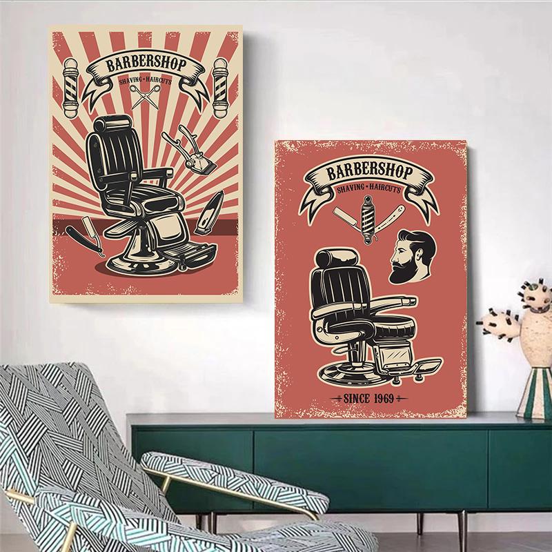 Vintage Friseursalon Poster Klassischer Friseurstuhl Werkzeuge Herrenrasur Drucke Leinwandmalerei Wandkunst Bilder Heim Wohnzimmer Dekor