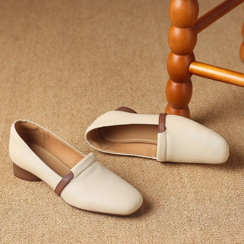 Sheepskin white square head loafers women's summer British small leather shoes low heel single shoes Doudou grandma ladyshoes soft sole