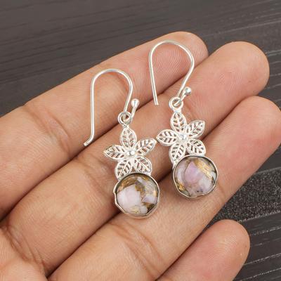 Pink Copper Turquoise Handmade Gemstone Earrings, 925 Solid Sterling Silver Earrings Antique Jewelry, For Engagement Gift