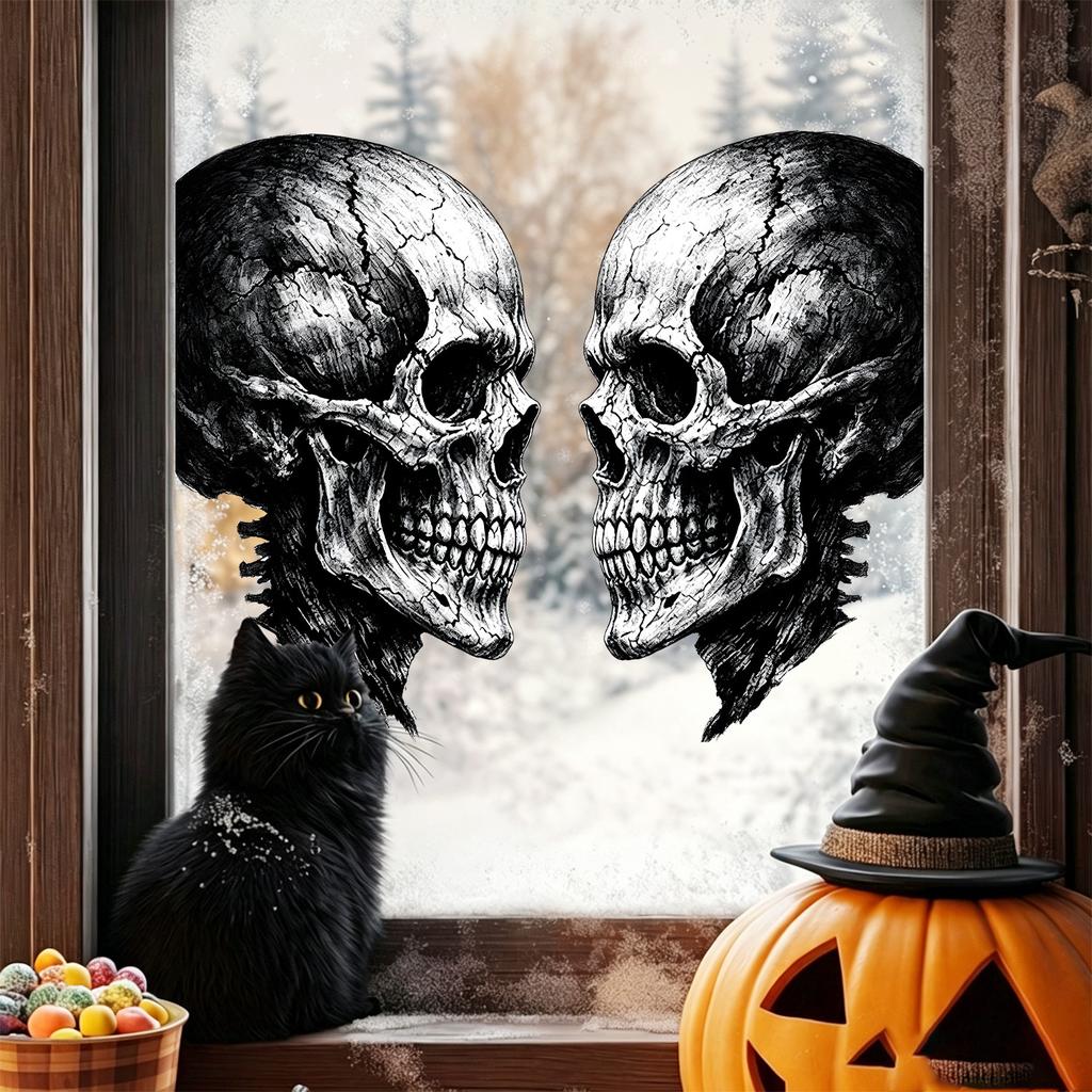 Halloween Dark Eye-to-eye Skull-themed Static Electricity Glass Stickers for Decorating The Living Room Windows