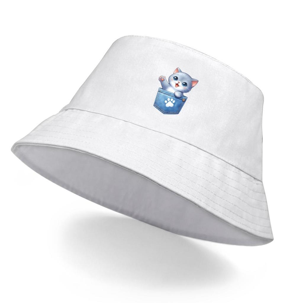 Bucket Hat With Cute Cat Print , Dog Claw Pocket Fisherman Cap Solid Color Wide Brim Unisex Basin Hat