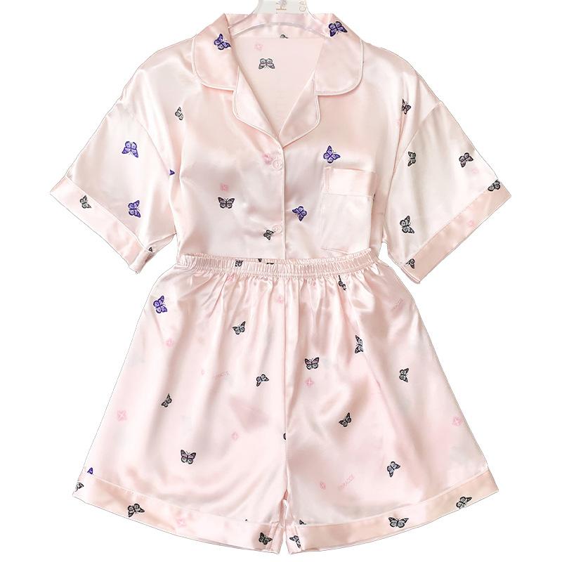 Fairy Wind Pink Butterfly Print Cool Ice Silk Pajamas Women'S Summer Short Sleeve Large Size Set