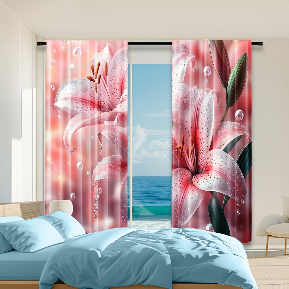 

Set Of 2 Versatile Polyester Transparent Curtains Home Decoration Pink Lily Flower Use Bedrooms Living Rooms Made Room Window Treatment W100*H70(CM)-Hooks&2PCS