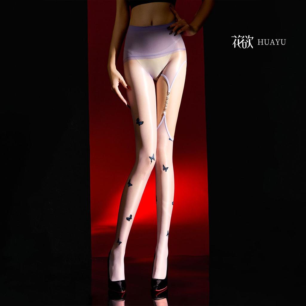 Aurora Dreamweaver Butterfly Diamond Chain Strap Seamless Crotch Glossy Aurora Ultra-Thin Stockings Sexy Black Silk