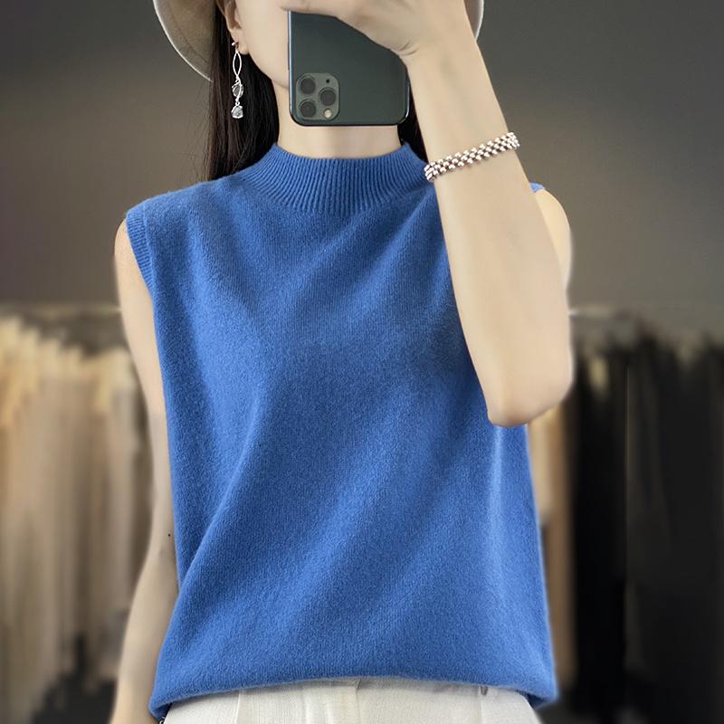 Women Tank 100% Wool Sleeveless MODERN NEW SAGA Spring Autumn T-shirt Turtleneck Knit Wool Top Soft Basic Vest Female