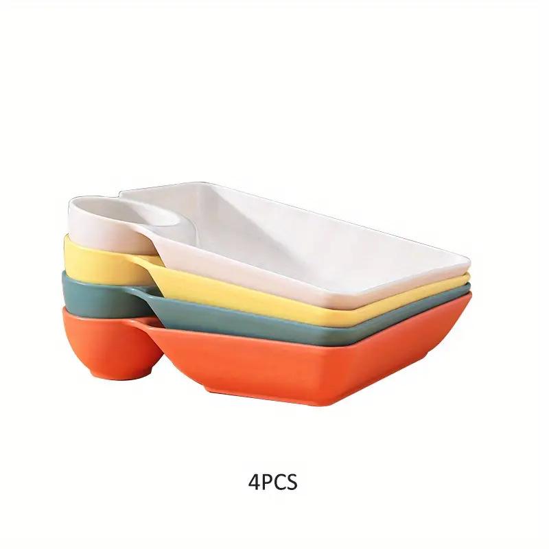 4Pcs Dumpling Plates With Sauce Dipping Compartment Square Plastic Serving Tray Tableware