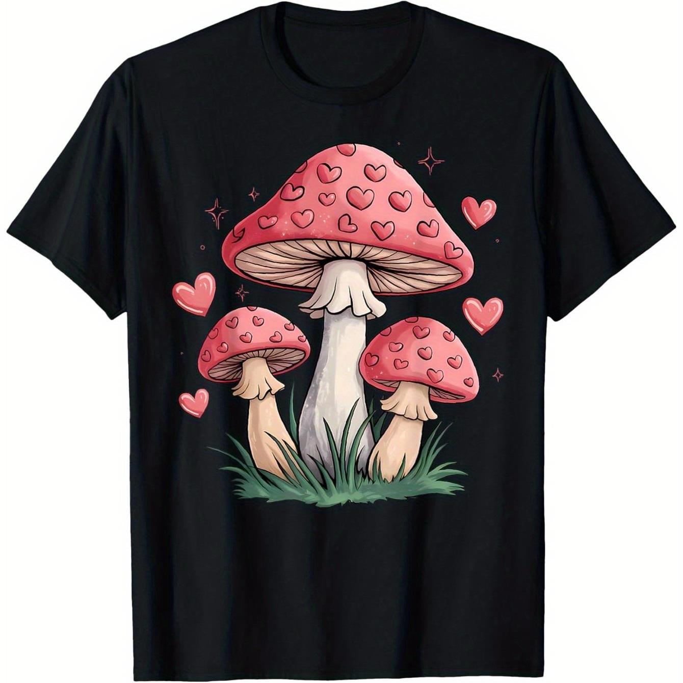 

Pink Heart Mushroom Cottagecore Graphic Tee Men Casual Short Sleeve T-Shirt Nature Forest Daily Wear 4XL