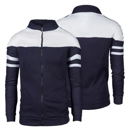 Men Autumn Coat Zipper Stand Collar Long Sleeves Contrast Colors Stretchy Hem Keep Warm Cardigan Color Matching Plush Plus Size Fall Coat for Daily