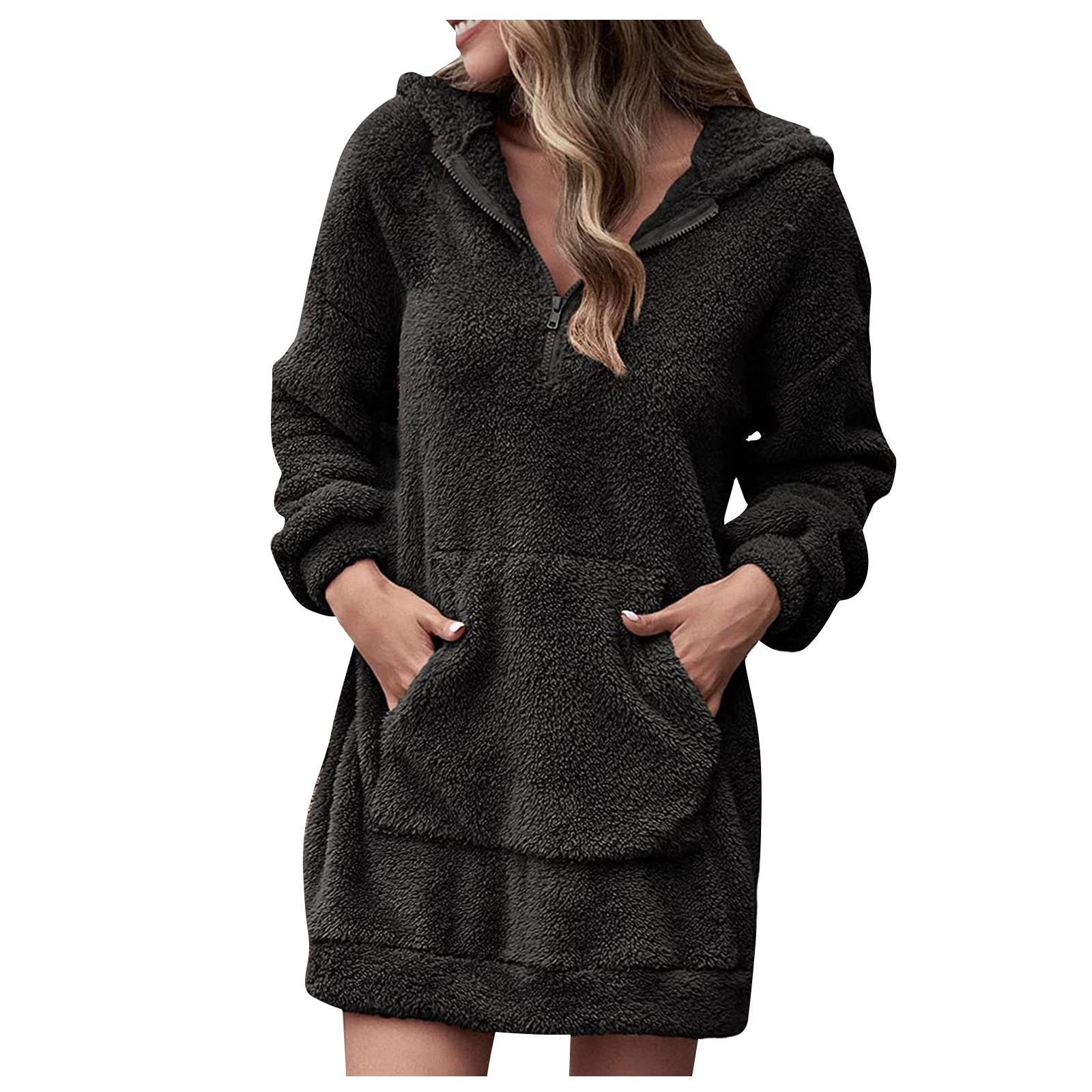 

Женский повседневный свитер с капюшоном и свободной молнией, плюшевый карманный свитер, пальто XL чёрный