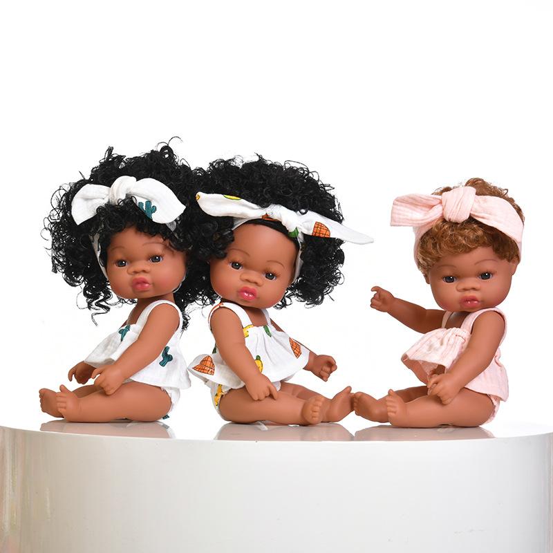 Cute 33cm Black Skin Reborn Girl Dolls with Afro Hair Full Silicone Body Lifelike Newborn Doll Open Eyes Alive Bebe Reborn Doll Children Holiday Gifts