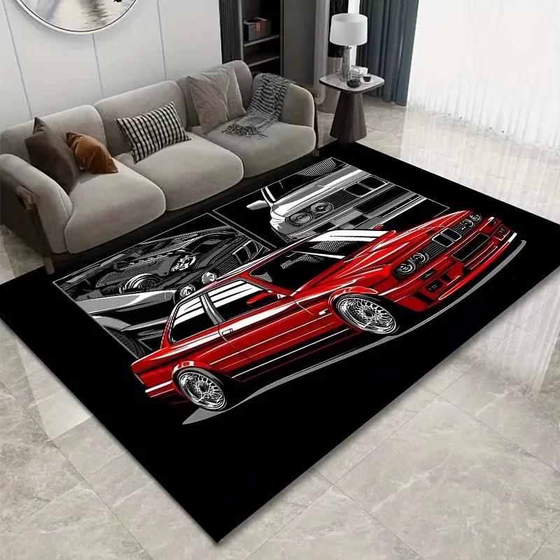 Classic Car Design Area Rug Vintage Style Carpet for Living Room and Bedroom Non-Slip Creative Floor Mat Home Decor Washable