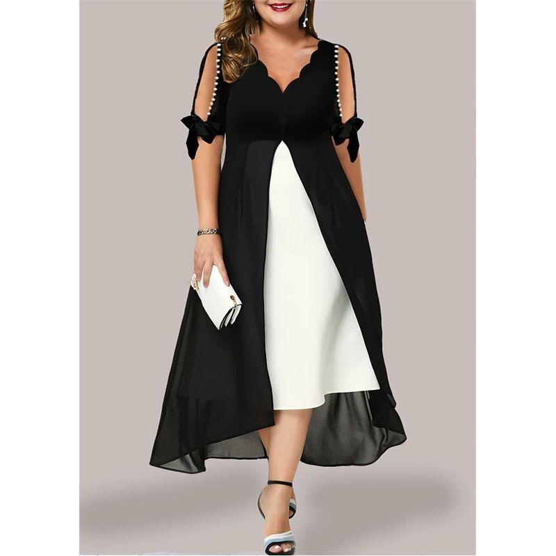 

European and American Cross-Border Export Cool GIRL S Spring/Summer V-neck Plus size Skirts Fake Two Pieces Irregular Half Sleeve Dress Loose Fat M Black L(Waist 98)