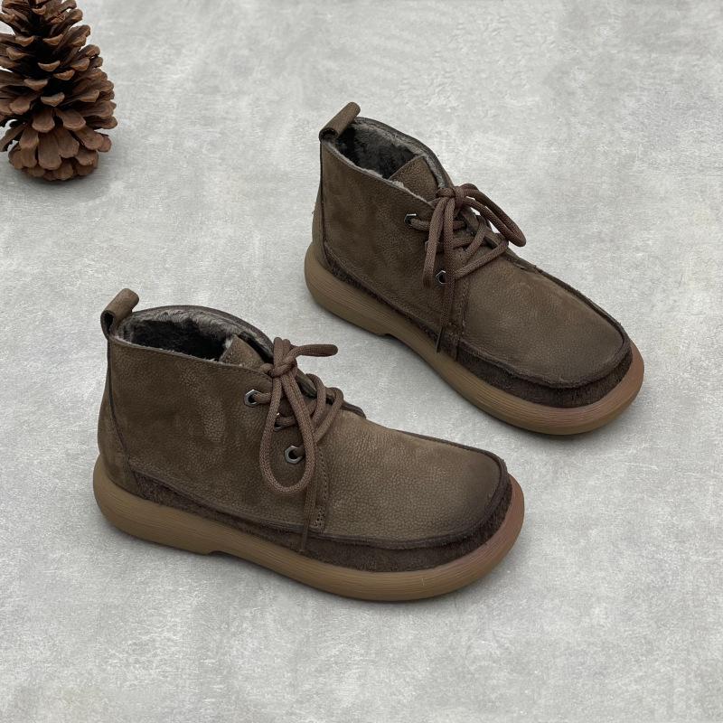 Warm Women's Cotton Boots, Flat Lace-up Round Toe Casual Soft Leather Cotton Shoes