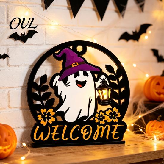 Autumn Seasonal Welcome Decor Halloween Ghost Pumpkin Round Wooden Door Hanger, Wall Plaque Handmade Holiday Gifts for Friends with Rope, Hanging