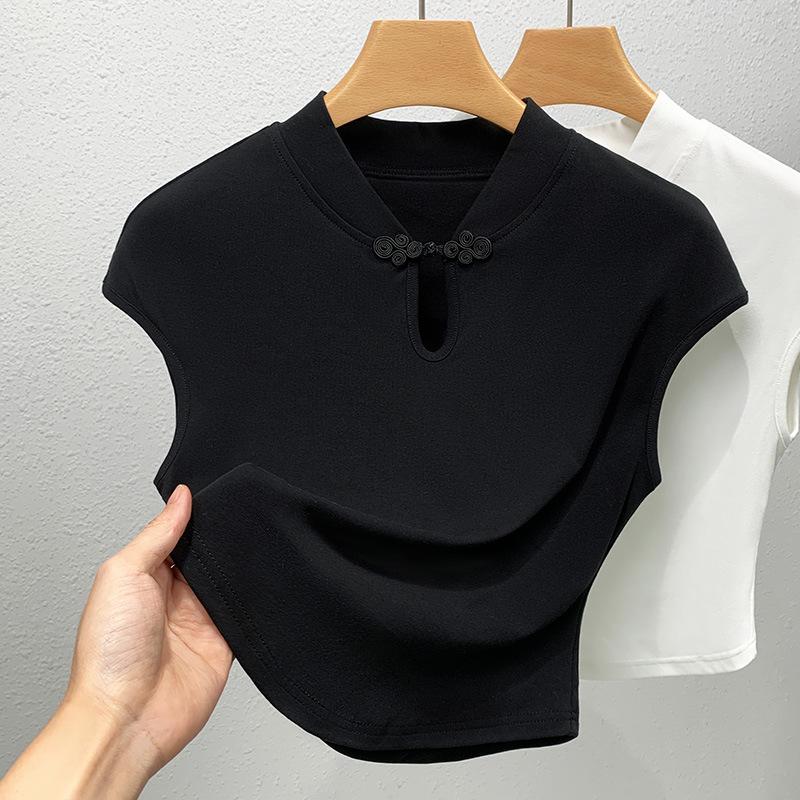 Chinese Style Short-sleeved T-shirt for Women's New Women's Stand-up Collar Flying Sleeves Solid Color T-shirt Chinese Vest Top