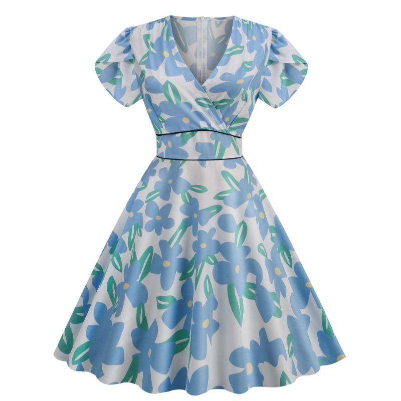 

Women s clothing supply retro summer V-neck half-open short-sleeved polka dot printed big pendulum dress XXXL синий