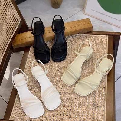 Ψηλοτάκουνα 4,5 εκ., Καλοκαίρι Νέο Ανοιχτό Τετράγωνο Κεφάλι Χοντρό ψηλοτάκουνα Μόδα Ζώνη μονής γραμμής Midheel Σανδάλια, Γυναικεία παπούτσια