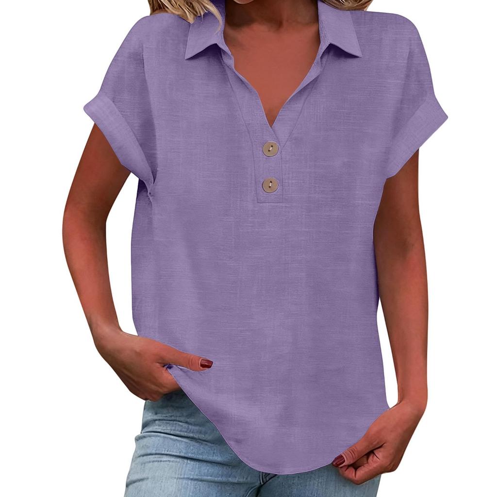 Women's Fashion Casual ,Colour Button,Down Collar Short,Sleeved Shirt T,Shirt Top
