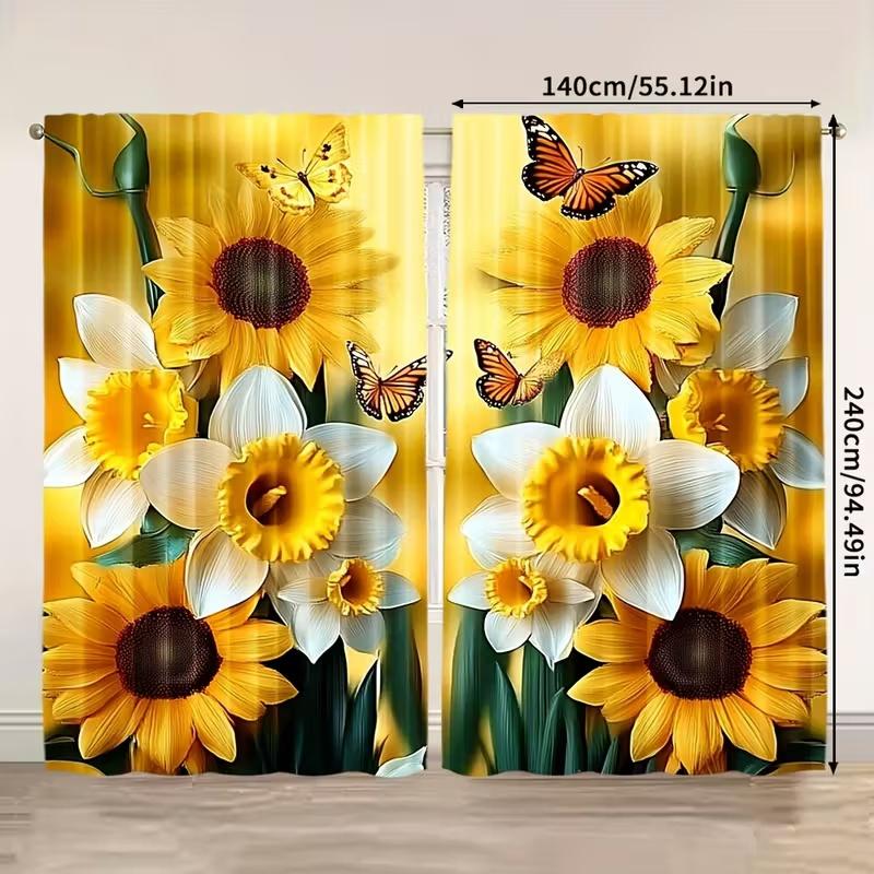 2 Stück Sonnenblumen Schmetterlingsdruck Vorhänge,Geeignet für Schlafzimmer,Wohnzimmer Küchendekoration,Heimdekoration,Fensterdekoration