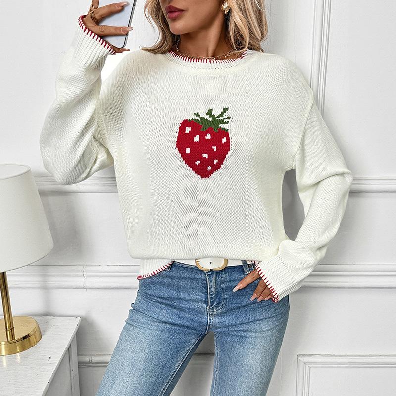 Strawberry jacquard knitted sweater autumn and