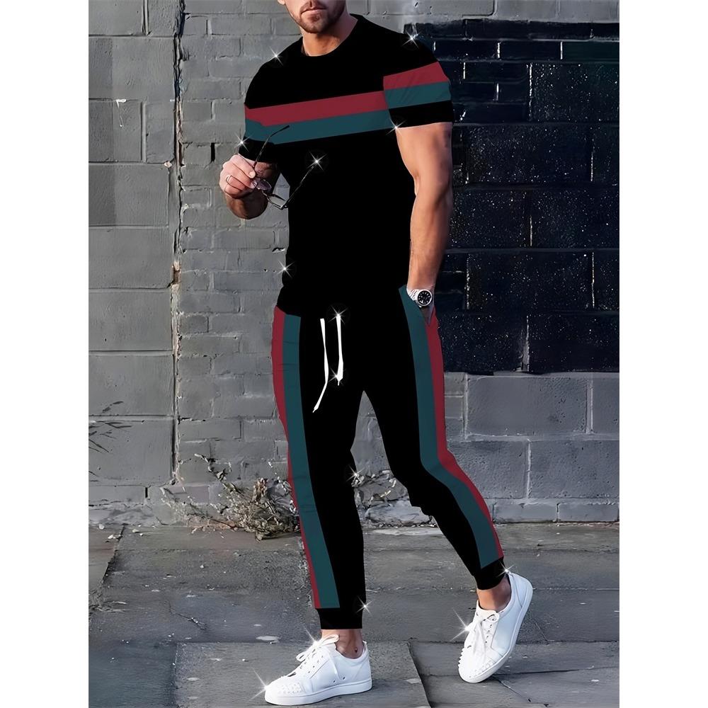 Color Block Letter Men's Set, Three-color Patchwork Short-sleeved Shirt And Long Pants, Simple And Casual