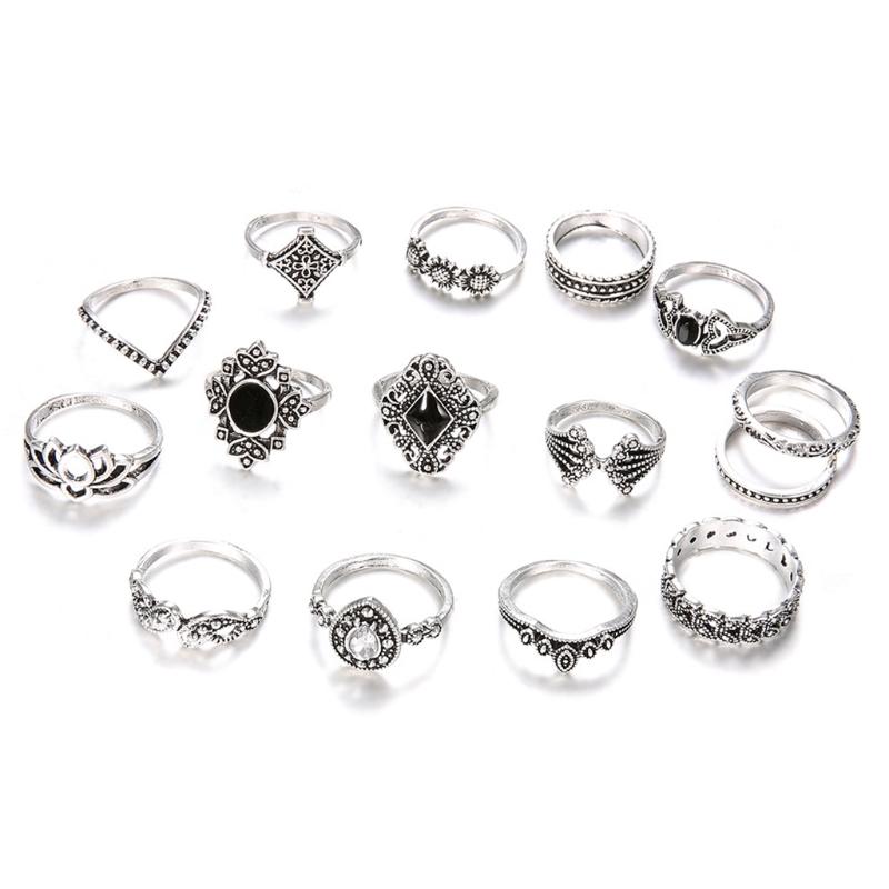 

15Pcs Women Bohemian Stackable Joint Finger Rings Retro Stone Crystal Stacking Rings Vintage Silver Joint Knot Rings Set 1