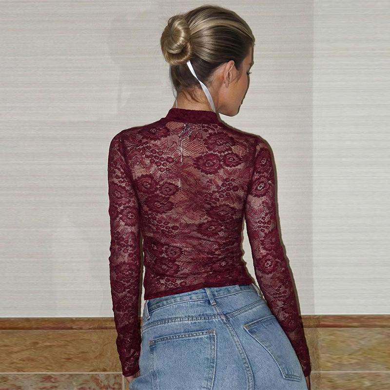 European & American Women's Sexy Lace See-through Long-Sleeve Top - Spring/Summer Fashion