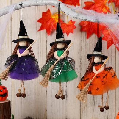 Halloween Spooky Decor Witch Doll with Broom Small Hanging Figurine Cool Accessory Gauze