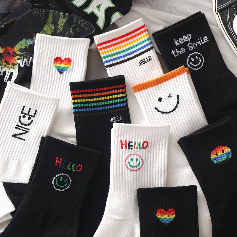 Black Cartoon Korean Women's Mid-Tube Socks - Autumn/Winter Trendy Sports Style, Versatile All-Match White Socks, Popular Among Students.