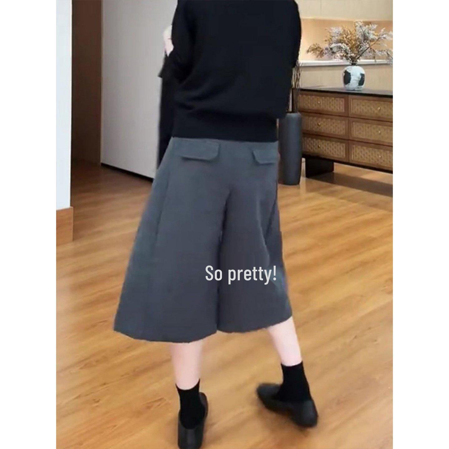 

Plus Size Women s Black & Gray Woolen Wide-Leg Cropped Pants - High Waist, Loose Fit, Spring/Autumn. L