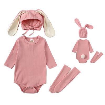 3Pcs Infant Baby Girls Bodysuit Set Solid Romper+Bunny Hat+Long Knee Sock Suit Baby Boys Casual Clothing