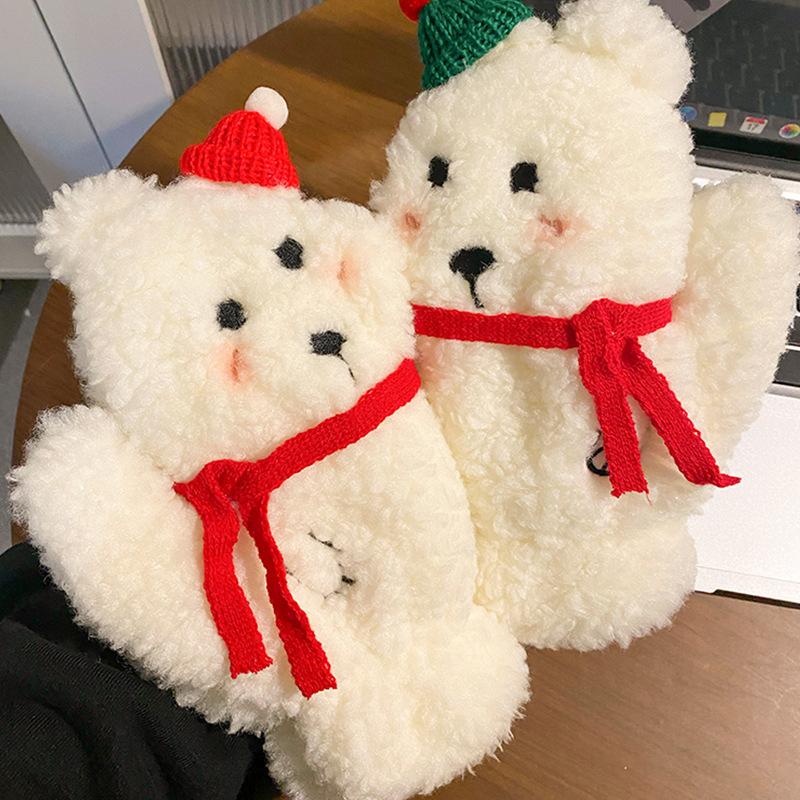Urocza świąteczna czapka Miś pluszowy rękawiczki Damskie jesienno-zimowe pogrubione i aksamitne ciepłe do jazdy na rowerze Trend