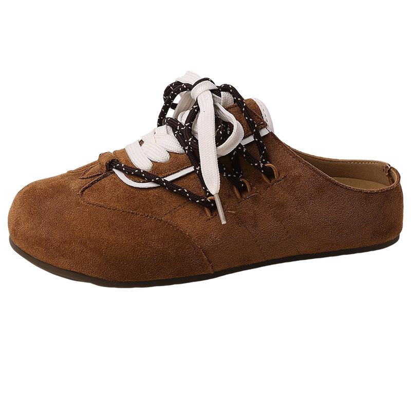 Retro Versatile Fashion Design Sense Niche Baotou Half Slippers Women's Autumn and Winter Lace-up Outer Wear Casual Thick-soled Slippers