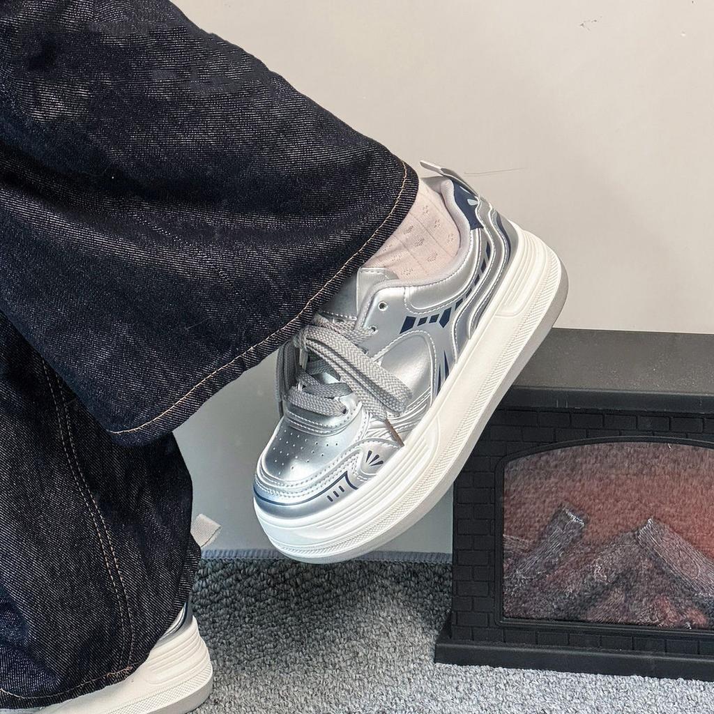 Super moi cu talpă groasă argintii versatili casual toamnă suprafață din piele respirabili modă rezistenți la uzură pantofi cu platformă muffin femei