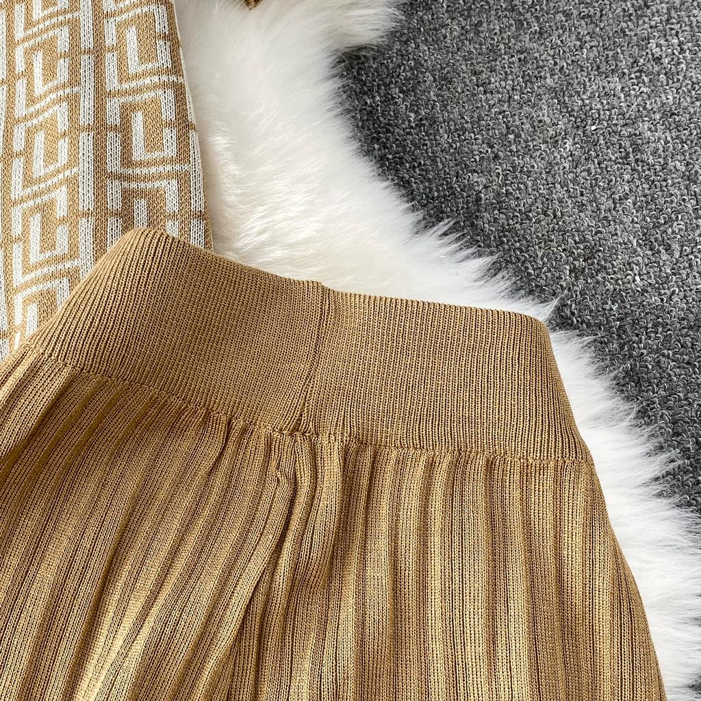 Summer Women Designer Print Knitted Sweater Trouser Two Piece Set Short Sleeve Pullover Tops and Wide Leg Pleated Pant Set