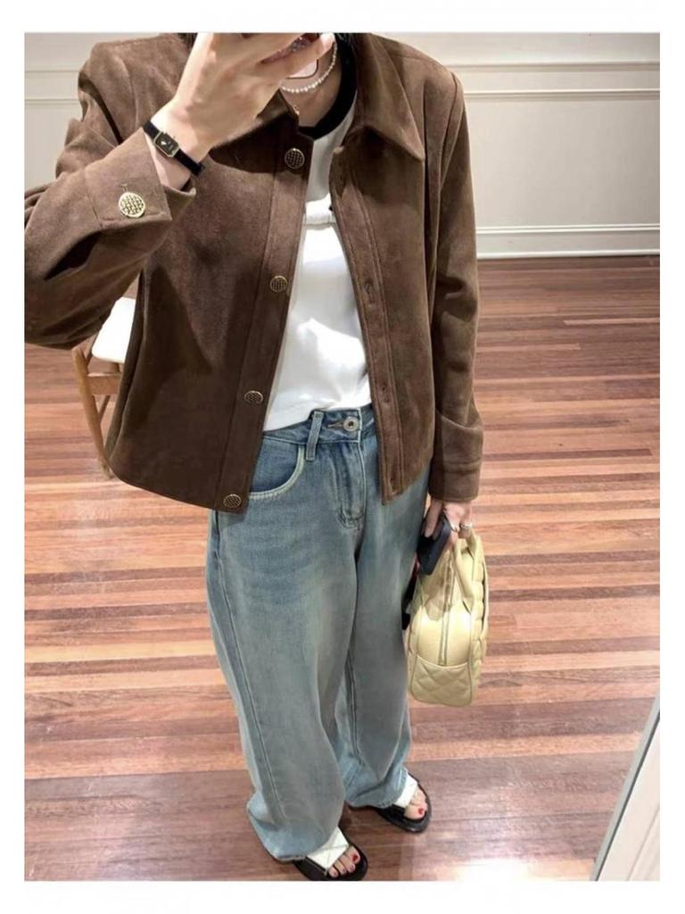 Giacca Corta da Donna in Pelle Scamosciata Color Cammello - Stile Coreano Retrò Primavera/Autunno