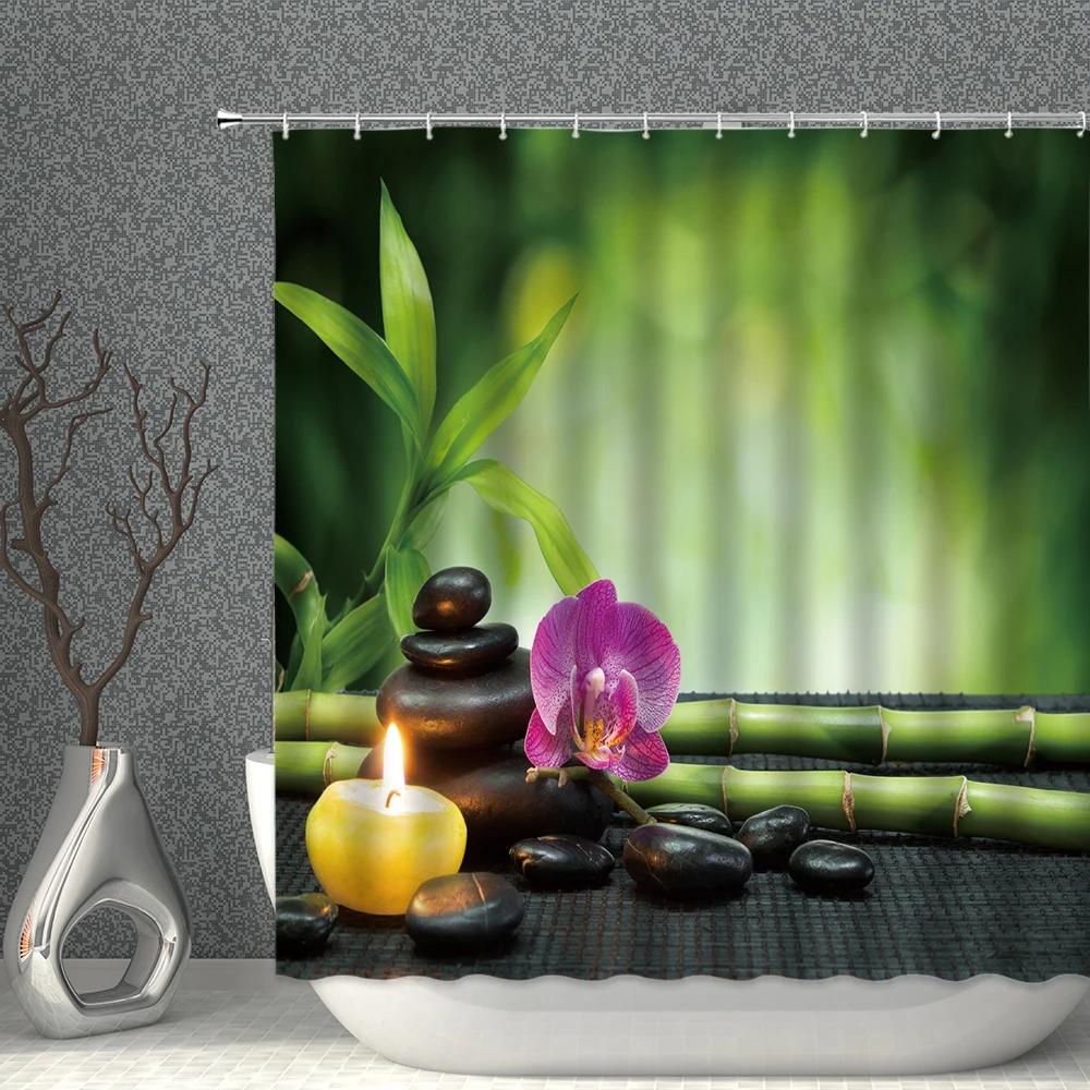 Zen Stone Shower Curtains Green Plant Bamboo Flower Candle Bath Decor Printed Polyester Fabric Home Decoration Bathroom Curtain