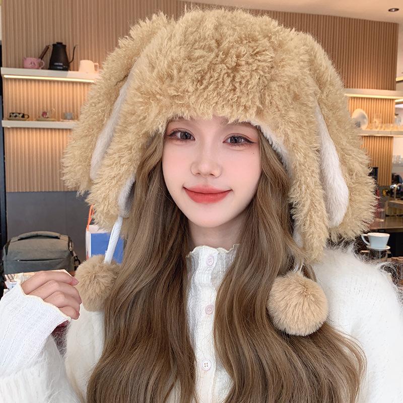 Winter Thickened White Plush Cartoon Rabbit Ears Female Age Reduction Sweet and Cute Ear Protection Warm Pullover Cap