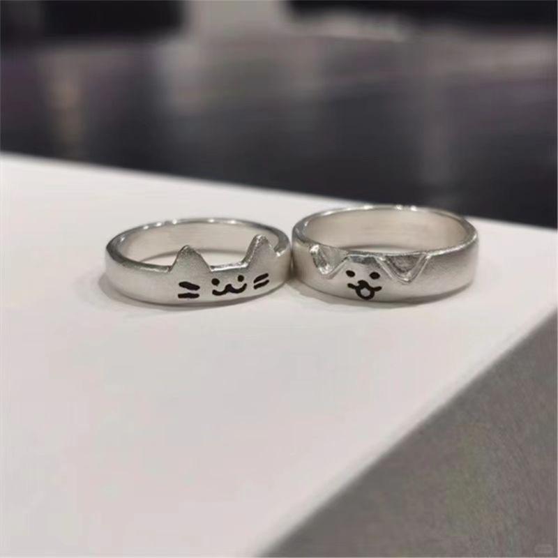2pcs Adjustable Cute Cats and Dog Cartoon Ring for Women Adjustable Size Friendship Ring Fashion Engagement Jewelry